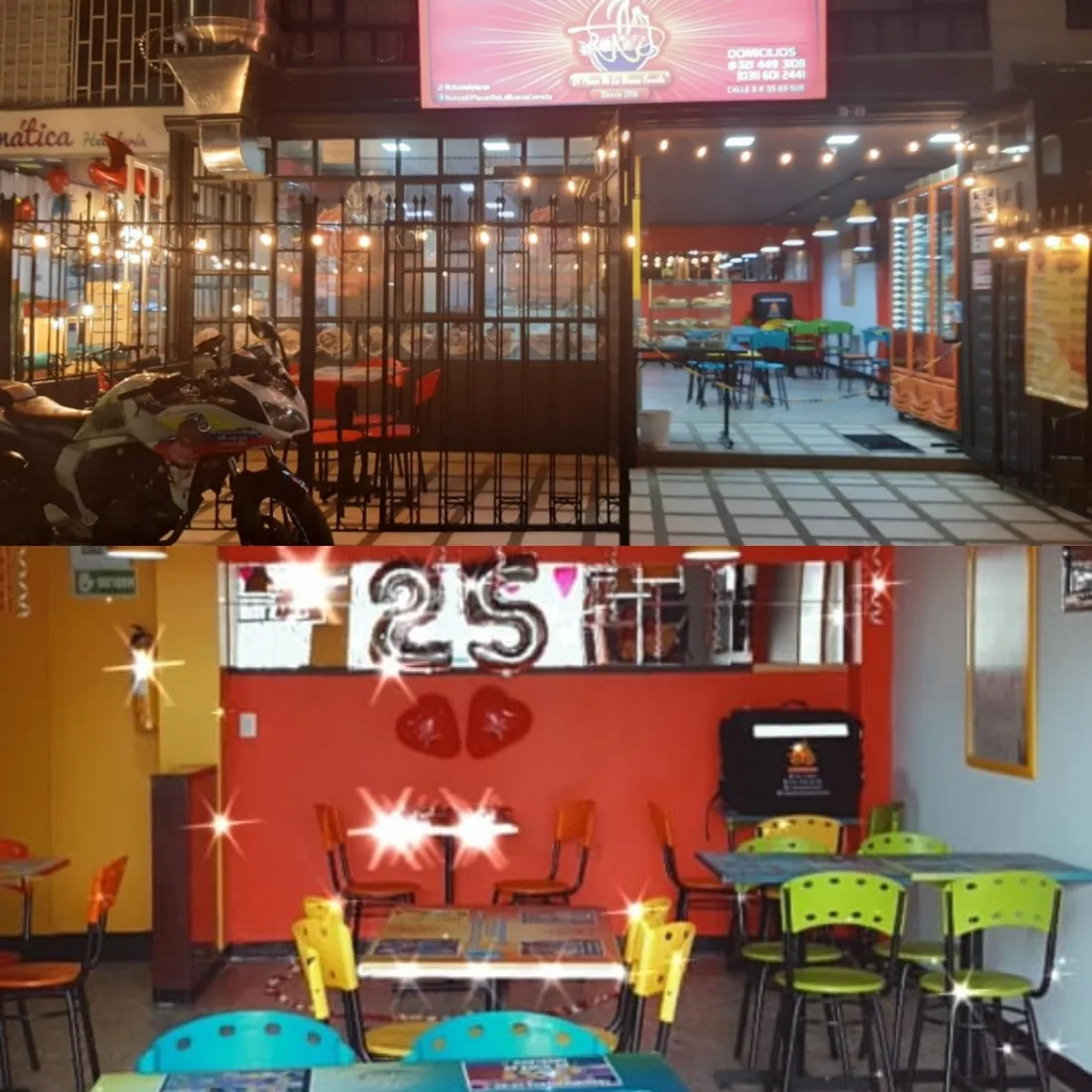 Interior de Rokoz con mesas, sillas de colores y decoración cálida
