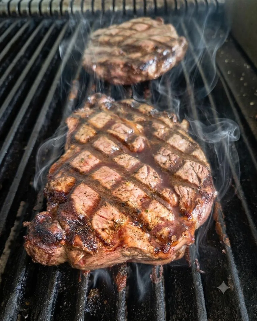 Corte de res sobre la parrilla, con el humo subiendo
