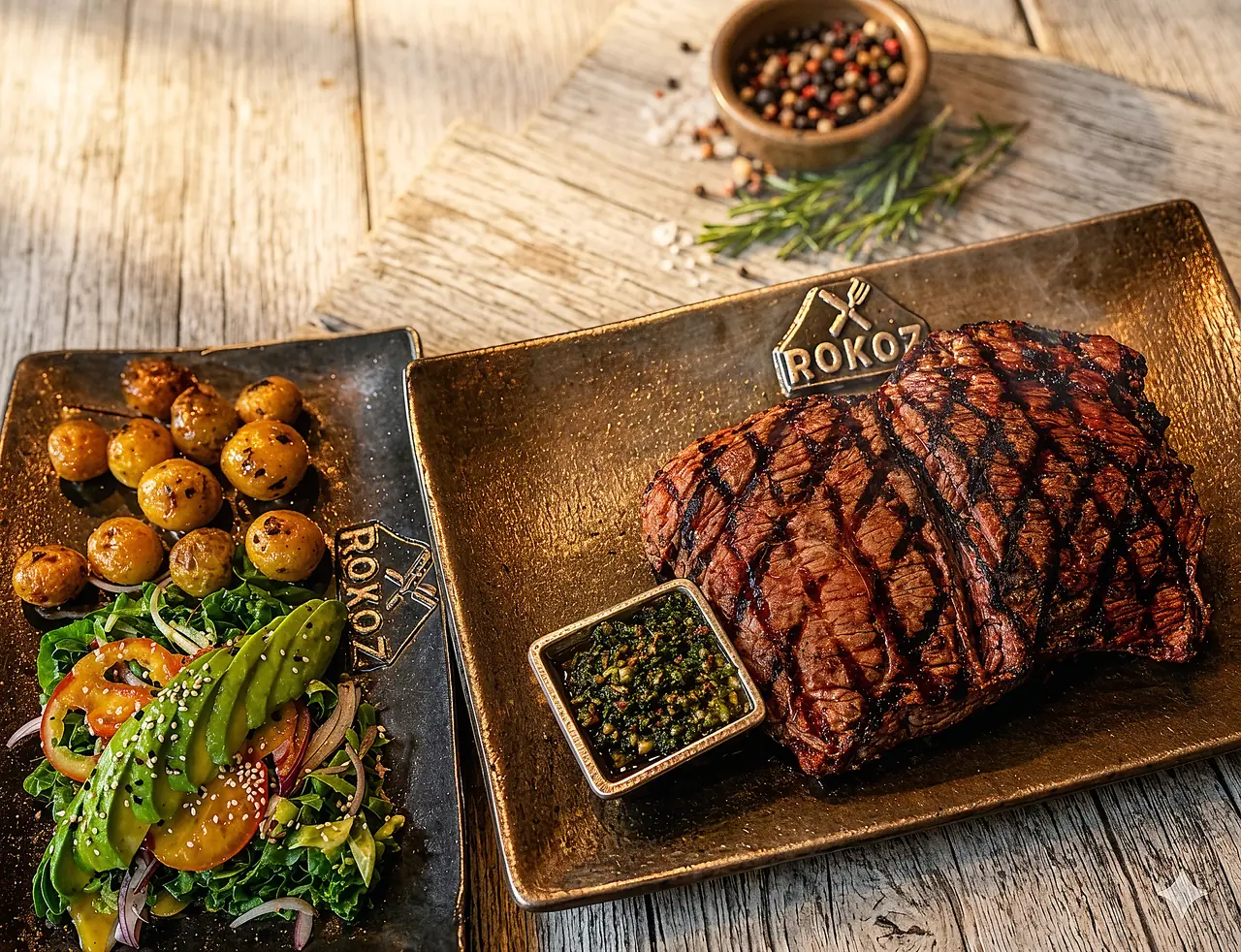 Corte de res a la parrilla servido en una tabla marcada con el logo de Rokoz, con chimichurri y papas criollas
